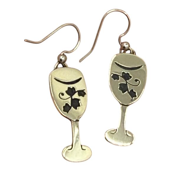 Far Fetched Silver Wine Glass Goblet Dangle Earrings Cutout Vine Design Artisan - Picture 1 of 4